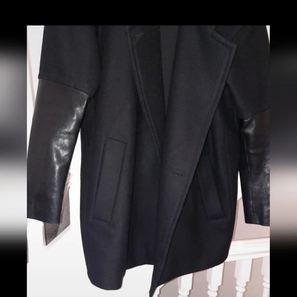 AllSaints Meade Lea black coat w/ leather sleeves - Picture 3 of 10
